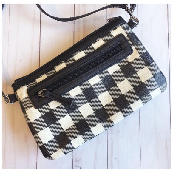 CHAPS Black & Cream Buffalo Plaid Convertible Clutch Shoulder Handbag Crossbody - Picture 6 of 8